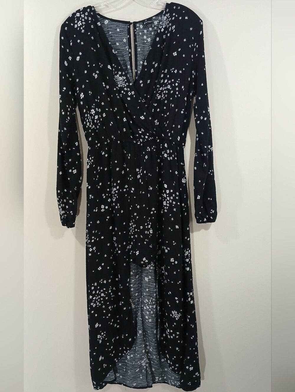 Womens Black Floral Romper with Maxi Length Wrap Skirt Long Sleeve V Neck XL - Picture 2 of 11